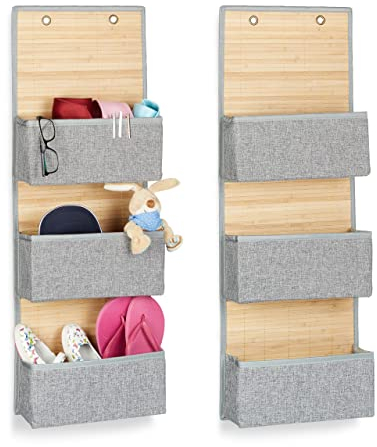 Relaxdays 2 x Hängeaufbewahrung, Bad und Flur, Türorganizer 3 Fächer, Bambus und Stoff, Türgarderobe, HxBxT: 94 x 33 x 12 cm, grau