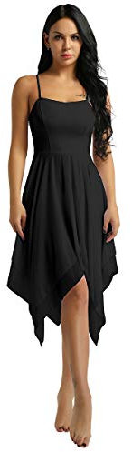 dPois Damen Tanzkleid Ballett Kleid Ärmellos aus Chiffon Swing mit Spaghettiträger Asymmetrische Tanzkostüme Latein Rumba Tango Kleid Ballsaal Dancewear Schwarz Medium