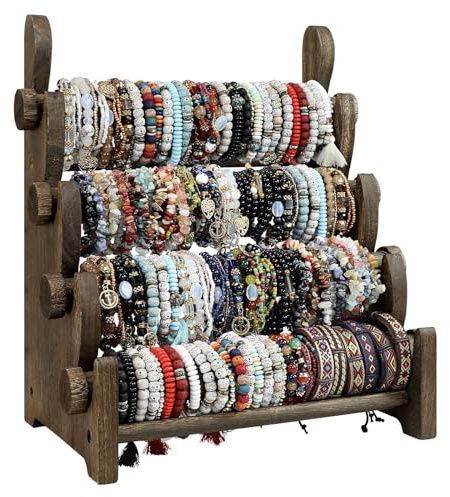 TOPNEW 4-stöckiger Holz-Armbandhalter, Armreif, Uhren, Halsketten, Schmuckhalter, Ständer, Präsentations-Organizer, Braun