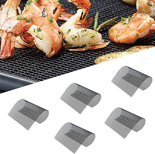 BBQ Grill Mesh Mat-Set of 5 Non-Stick Reusable Heavy Duty 13x15.75 Inch Heat Resistant Pad-Easy to Clean PTFE coated fiberglass Silicone Free-Suitable for Smoker, Pellet, Gas, Charcoal Grill(Black)