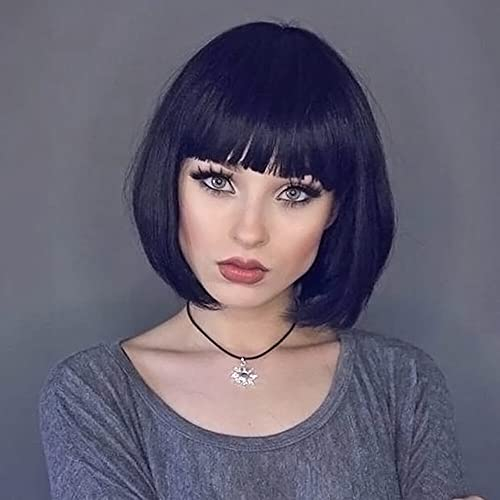 Colorfulpanda Kurze Bob Schwarz Haar Perücken Gerade mit Flach Pony Synthetische Bunte Cosplay Tägliche Party Perücke für Frauen Natürliche Wie Echthaar 12 Zoll
