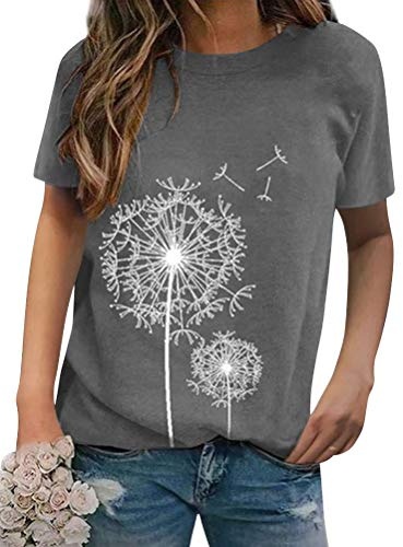 Dresswel Women Dandelion T-Shirt Cute Graphic Print Crew Neck Short Sleeve Summer Tops Basic Tshirts