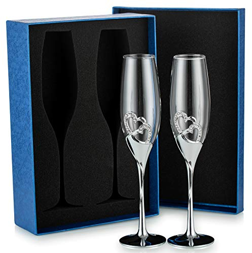 Sziqiqi Hochzeits-Sektgläser für Braut und Bräutigam, silberne Toastflöte, Gläser, Deluxe-Herz-Dekoration für Hochzeit, Jahrestag, Verlobung, Valentinstag und besondere Anlässe