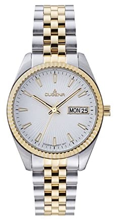DUGENA Damen-Armbanduhr, 4461033, Venetia, Quarz, weißes Zifferblatt, Edelstahlgehäuse, Saphirglas, Edelstahlarmband, Drückerfaltschließe, 10 bar
