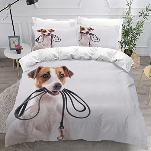 AOYNP Bettwäsche 135x200 Jack Russell Terrier 3D Druck Weiche Mikrofaser Bettwäsche Set Kinder Jungen Mädchen Kawaii Haustiere Welpe Bettbezüge mit ReißVerschluss und 2 Kissenbezug 80x80cm