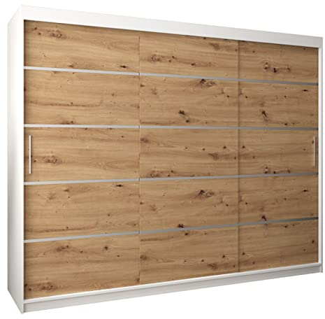MEBLE KRYSPOL Schwebetürenschrank Verona 1 250 cm Kleiderschrank mit Kleiderstange und Einlegeboden Schlafzimmer- Wohnzimmerschrank Schiebetüren Modern Design (Schubladen: 0, Weiß + Artisan Eiche)