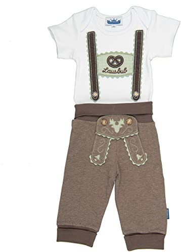 Trachten Set für Lausbuben im Geschenkkarton: Baby Body mit kurzem Arm und Applikation Hosenträger und Baby Jogginghose Lederhosen Look, braun/grün