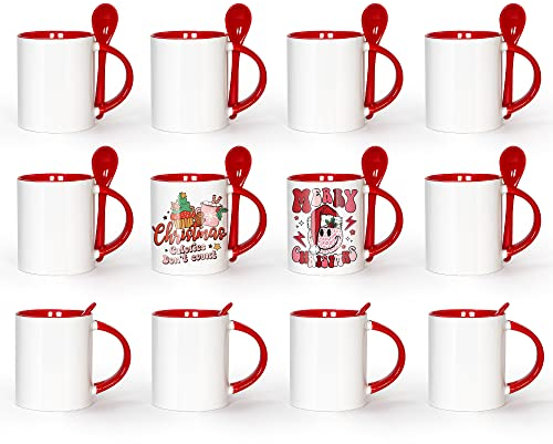 AGH Sublimation Coffee Mugs Blank 11 oz, White Straight Ceramic Cups with Red Interior, Handle, Spoon, Bulk Bundle Set of 12