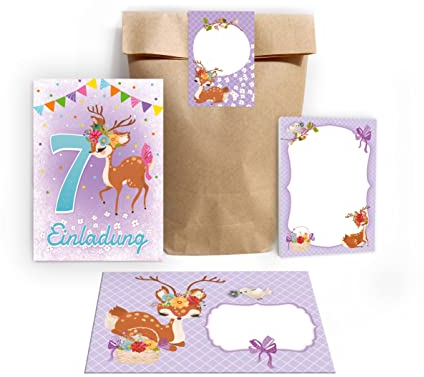 Junapack 12 Einladungskarten zum 7. Kindergeburtstag siebte Geburtstag Mädchen Reh incl. 12 Umschläge, 12 Tüten/natur, 12 Aufkleber, 12 Blöcke