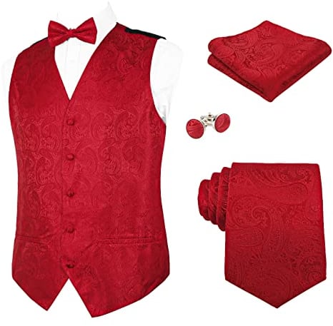 Alizeal Herren Weste Krawatte Hanky Manschettenknöpfe und Fliege Set Paisley Classic 5pc, Rot-L