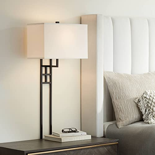 Possini Euro Design Ventano Modern Wall Lamp Matte Black Metal Plug-in 16 White Linen Rectangular Shade for Bedroom Living Room Home Hallway Dining Kitchen House