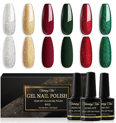 Shining She Christmas Gel Nail Polish Set, 6 Colours Green Red Gold Sliver Glitter Gel Polish Set UV/LED Manicure for Women Nail Art Salon DIY Home, 8ML