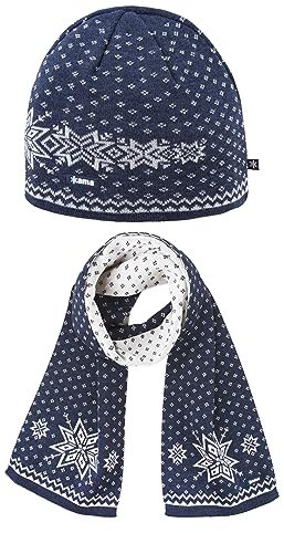 kama Gestrickte Merino-Mütze A128 und Schal S23, Herren - Dunkel Blau