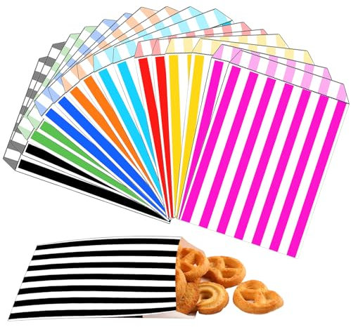 200 Stück Papiertüten Mischen Gestreift Klein Butterbrottüten 13x18cm,Mini Kraftpapiertüten Candy Bar Tüten Geschenktüten Brotpapiertüten Bunt für Kindergeburtstag,Halloween,Weihnachten,Hochzeit