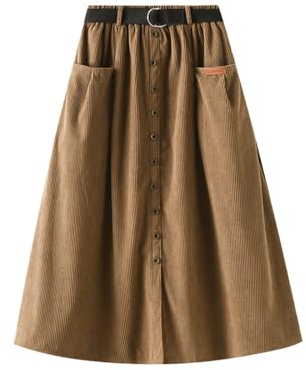 Jemsia Damen Cordrock, elastisch, hohe Taille, Knopfleiste vorne, Gürtel, A-Linie, Midi, langer Herbst-Winterrock mit Taschen, camel, Einheitsgröße