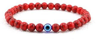 Lameybrt 6mm Auge des Bösen Blick Armband Schutz Stretch Armbänder mit Naturstein für Männer Handgemacht Heilsteine und Herrenarmband (A07 Red Turquoise, Mittel 19cm)