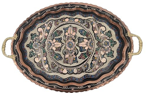 Plateau de service à café turc avec poignées | Plateau décoratif fait à la main pour table basse | Plateau décoratif de comptoir de cuisine | Plateau de service à thé en cuivre avec motif floral |