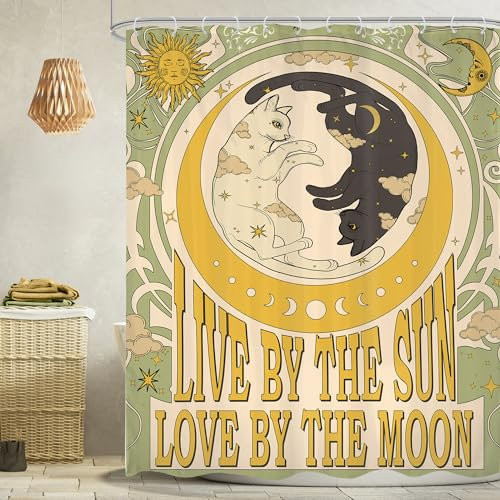 Omifly Rideau de douche rétro motif chat tarot 152,4 x 183 cm (l x H) - Motif : soleil sorcière sorcière gothique - Avec 12 crochets en plastique - Imperméable - Accessoires de toilette décoratifs