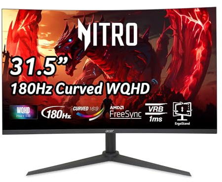 acer Nitro 31.5 Inch WQHD 2560 x 1440 1500R Curved PC Gaming Monitor | AMD FreeSync | Up to 180Hz Refresh | 1ms VRB | Speakers | One Display Port 1.4 & Two HDMI 2.0 | XZ320QU S3bmiiphx
