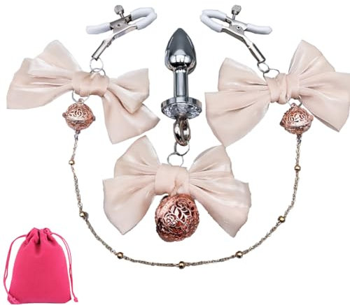 Layered Bow Bells Anhänger Nippel Clips Anal Plug Set Attraktives Faux Piercing Brust Nippel Klammern Plug Sex Paar Spiel Spielzeuge (Beige)