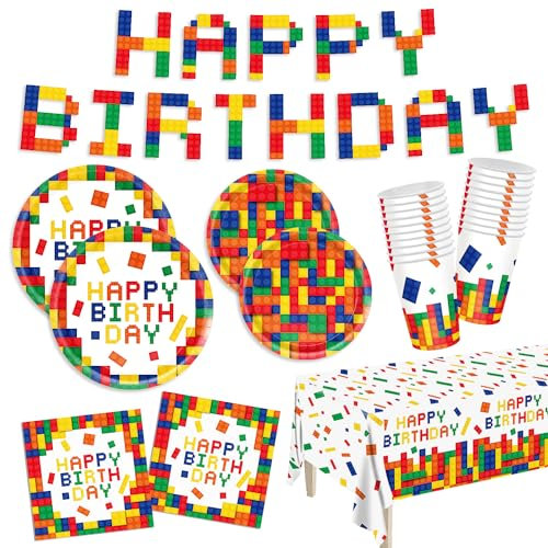 122pcs Building Block Plates Napkins Birthday Party Supplies Colorful Building Block Party Decorations Banner Tablecloth Cups Party Tableware Set Boys Kid’s Serve 30