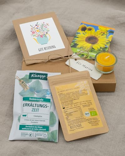 zweifreunde business GmbH Genesungsgeschenk gute Besserung - Genesungsbox mit Kerze, Badekristallen, Blumensamen und Karte