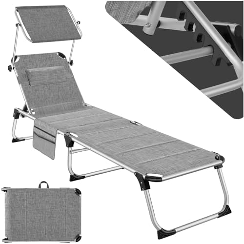tectake® Sonnenliege mit Dach, Liege klappbar mit Kopfkissen + Seitentasche, zusammenklappbar, leicht tragbar, Strandliege, Liegestuhl klappbar für Garten, Sonnenliege Camping - grau-meliert