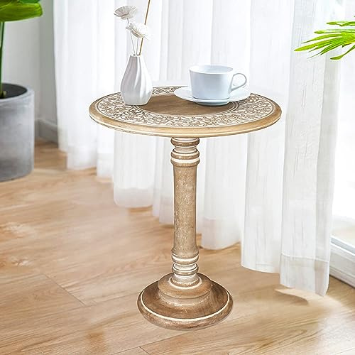 Light & Pro Rustic Solid Wood Pillar End Table, 18x22 White Wash Finish | Handcrafted Solid Mango Wood End Table - Vintage Accent Stand for Living Room, Bedroom, Nightstand or Sofa Side Décor