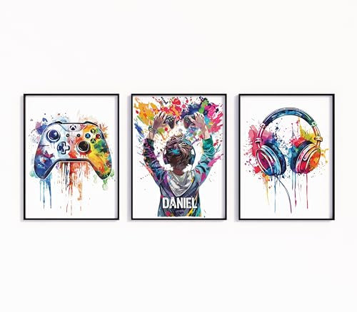 Personalised Set of 3 Gaming Wall Art Prints Personalised Gaming Prints Boys Bedroom Decor, Kid Bedroom Gamer Decor, Games Room Decor, Gamer Prints (3 A4 Prints Only, XB - Brown Hair)