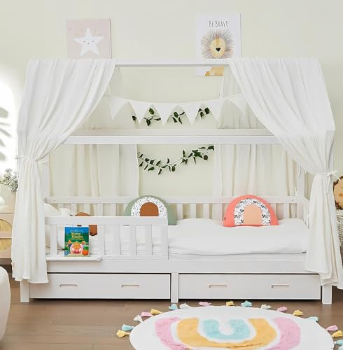 ALAVYA HOME® Hausbett 80x160 mit Schublade, Matratze und 3-TLG DEKO Set Weiß, inkl. Buchablage Rausfallschutz und Lattenrost | Massivholz der Buche FSC zertifizierter Kinderbett 80x160