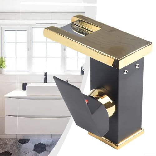 Robinet mélangeur froid et chaud, robinet LED changeant de couleur, robinet de style cascade, robinet cascade LED élégant pour lavabo, montage sur pont (noir + or)