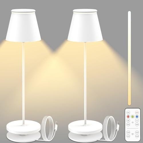 Onherm 2 Stück LED Tischlampe Kabellos Dimmbare mit Fernbedienung, Akku Tischleuchte Aufladbar Nachttischlampe Touch Lampe mit Timer, USB Ladestation, 3000K Warmweißes Licht, für Indoor Outdoor, Weiß