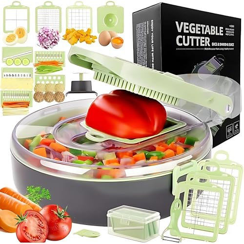 Vegetable Chopper-High-Performance Mandoline Vegetable Slicer & Dicer with Razor-Sharp Stainless Steel Blades, Peeler, Hand Guard, Brushes-All-in-1 Onion, Food Chopper Set (Light Green)