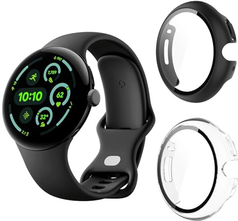Aerku Hard Hülle Mit Displayschutz Kompatibel mit Google Pixel Watch 3 45mm, [ 2 Stück ] Vollschutz Kratzfest PC Schutzhülle Schutz Case, Schwarz&Transparent