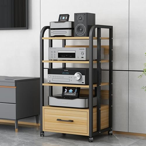 HiFi-Audio-Rack-Schrank für Zuhause, 100 cm hoch, großer Audio-/Video-Medienständer für Verstärker/Plattenspieler/Stereo-Receiver – Eck-Entertainment-Center, Druckerständer mit Rollen (Holz)