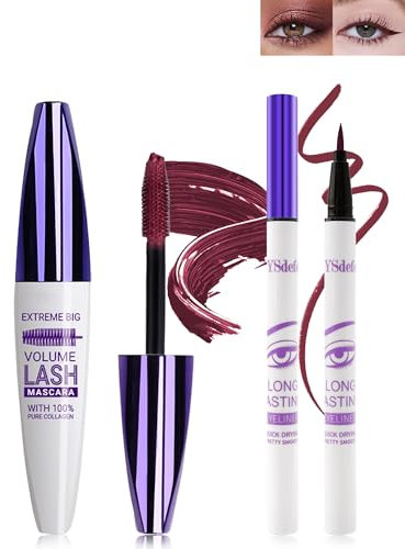 5D Burgundy Seidenfaser Mascara Und Flüssiger Eyeliner Set, Wasserfester & Wischfester Liquid Eyeliner,Langlebige Volumizing Curling Verlängerung Wimpern Wimperntusche Für Partys Bunt Augen Makeup-8