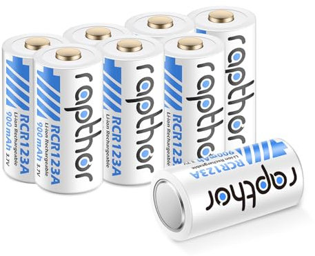 Rapthor Lot de 8 piles rechargeables 3,7 V 900 mAh - 123 piles de rechange - Compatible avec les appareils photo de sécurité sans fil Arlo VMC3030 VMK3200 VMS3330 3430 3530, Flashlight