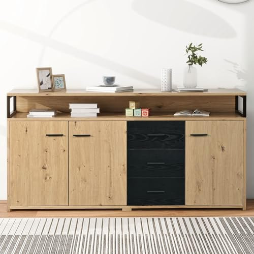 Sideboard Anrichte Kommode mit 3 Türen und 3 Schubladen, Kommode Küchenschrank, Mehrzweckschrank mit Metallgriffen, Aufbewahrungsschrank für Schlafzimmer, Wohnzimmer & Büro – 150 x 35 x 75,9 cm
