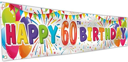 Happy Birthday 60th Banner – Geburtstagsdekorationen – Sixtylicious Birthday Hintergrund – Bday Banner Hintergrund 180 x 40 cm / 6 x 1.3ft mit 4 Messinglöchern (weiß)