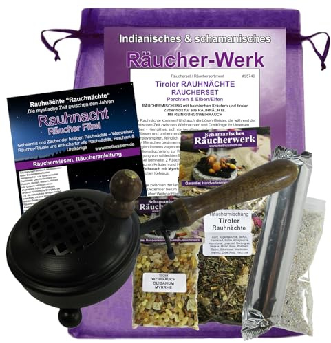 RAUHNÄCHTE räuchern 9-TLG Set Tiroler RAUHNACHT 20-Kräuter Räuchermischung, WEIHRAUCH & MYRRHE, Räucherkohle, RÄUCHERPFANNE, Rauhnachtfibel, Anleitung, ZUBEHÖR 95740-PWOM