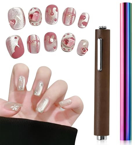 2Pcs Cat Eye Magnet for Nails Double-Ended Iridescent Cylindrical Magnet Pen 3-in-1 Brown Powerful Multifunctional Tool for Cat Eye Gel Nail Polish Wooden Handle for Home DIY Salon Studio