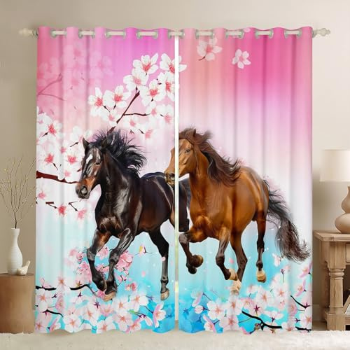 Loussiesd Kinder Pferd Vorhänge für Schlafzimmer Chic Kirschblüte Fenstervorhang 175x140cm Galoppierendes Pferd Gedruckt Blickdichte Vorhänge Wild Tier Verdunkelung Gardinen Rosa Dekor