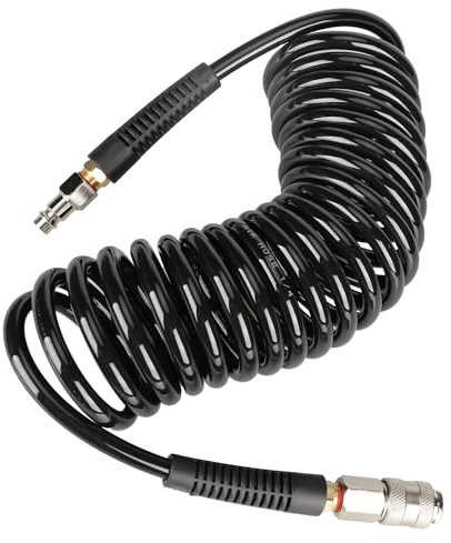 EADUTY Air Compressor Hose, Heavy Duty Polyurethane Recoil Air Hose 1/4 ID By 5 M Length, 300 PSI with Bend Restrictor and 1/4 Euro Quick Connect Fittings, Black