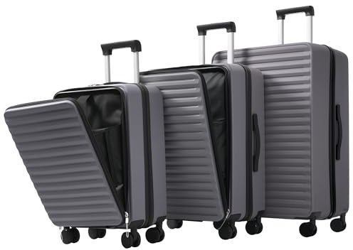 Merax 3tlg. Hartschalenkofferset, Gepäckset, Rollkoffer, Front-Öffnungs-Design, Klappbare Getränkehalter, TSA-Schloss, 360°-Rollen, M-L-XL Reisekofferset, Grau