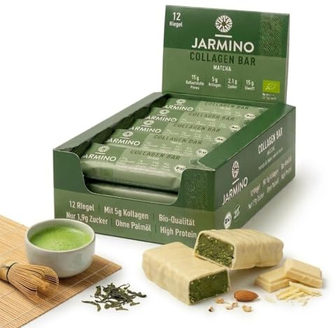 JARMINO Kollagen Riegel High Protein Bar Matcha 12x55g - Proteinriegel Low Sugar Palmölfrei Glutenfrei 5g Kollagen 15g Protein 14g Ballaststoffe