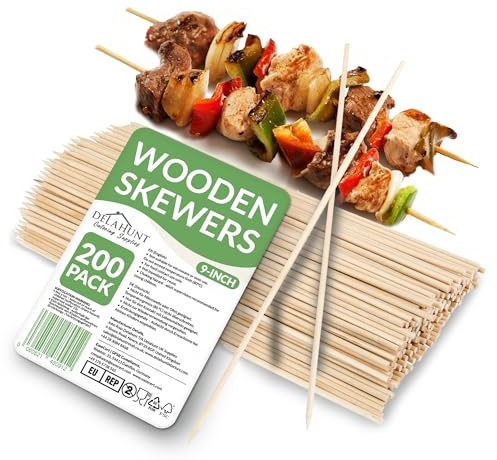 9-Inch (23cm) Wooden Skewers [200 Pack] - Compostable Birchwood Sticks for BBQ, Shish Kebabs, Chicken, Meat, Marshmallows, Fruit & Crafts | Eco Skewers for Roasting, Toasting, Barbecue & Fire Pit Use