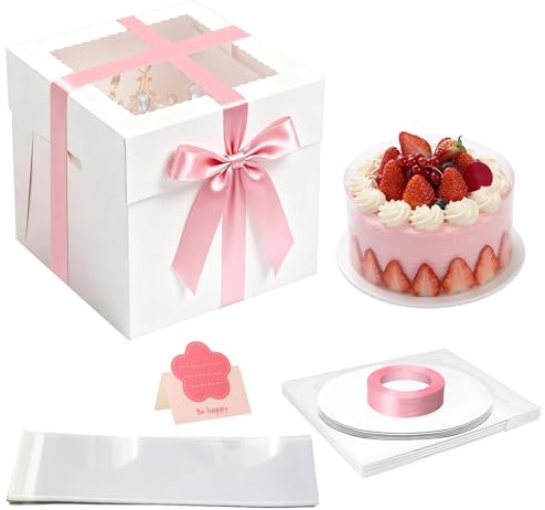 FALSKT 10PCS Kuchen Transportbox Pappe 20x20x20cm Tortenschachtel Tortenbox | Tortentransportbox hoch mit Fenster Tortenkarton Weiß, 10PCS Tortenboden, Tortenrandfolie und Grußkarten, 1PCS Geschenkband