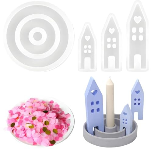 4 Stück Silikonform Kerzenhalter Set, 3 Häusern und 1 Kerzenhalter, Gießformen Silikon Häuser, Seife Und Handwerk, mit Bunte Konfetti, für Sojawachs Kerzen, DIY Dekoration