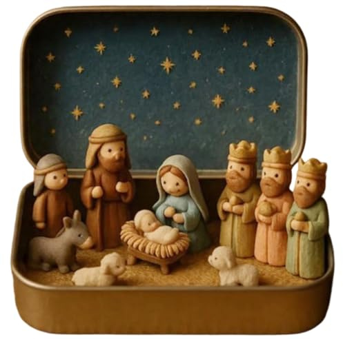 Weihnachtskrippe Set in einer Blechdose - Handgefertigtes Krippenset in Taschengröße Geburt Jesu Christi Figurine Skulptur, Die Weihnachtsgeschichte Figuren - Christliche Weihnachtsdekorationen