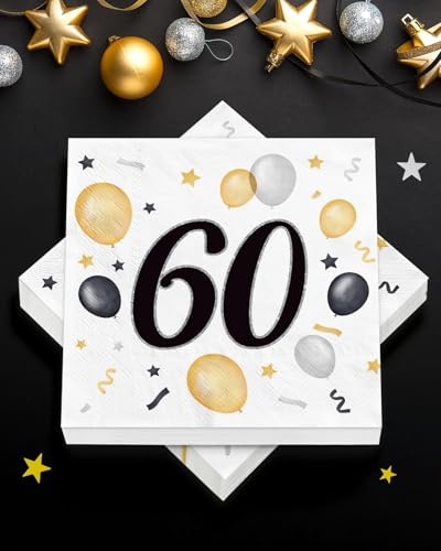 40 Stück Servietten 60. Geburtstag, Deko 60. Geburtstag Mann Frau Schwarze Gold, Tischdeko Geburtstagsservietten, Geburtstagsdeko 60 Jahre, 60er Deko, Geschenke zum 60